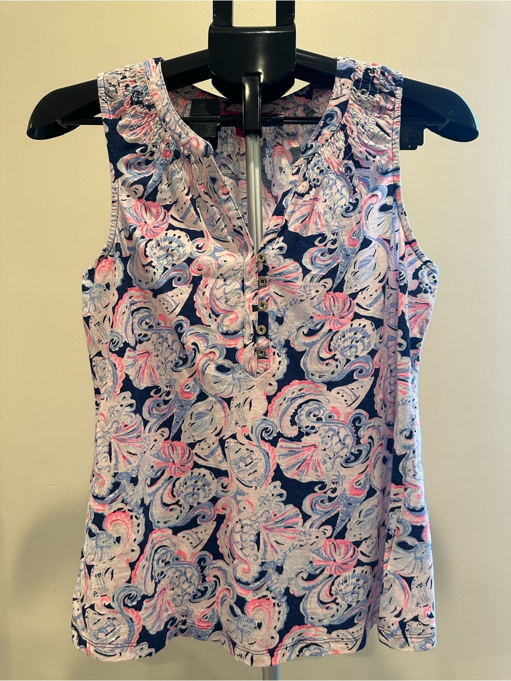 Sleeveless Navy Paisley Print Essie Top - Pink & White Accents